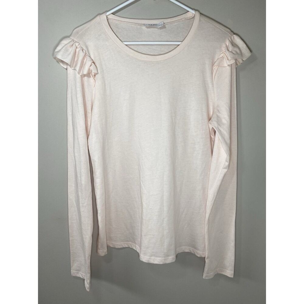 FRAME Denim Top Light Pink Ruffle Shoulder Crew Neck Long Sleeve‎ Tee Casual